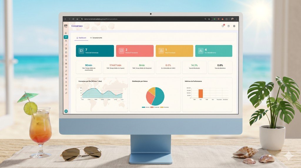 GTB Suite — painel de conversas em mockup com vista praia